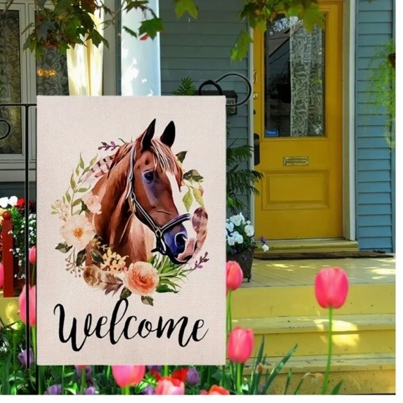 NEW WELCOME HORSE FLORAL DOUBLE SIDED GARDEN FLAG 12" X 18" PORCH HOME DECOR - Picture 6 of 7